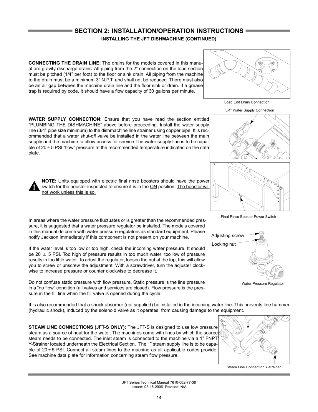 Jackson JFT-S technical manual Load End Drain Connection Water Supply Connection 