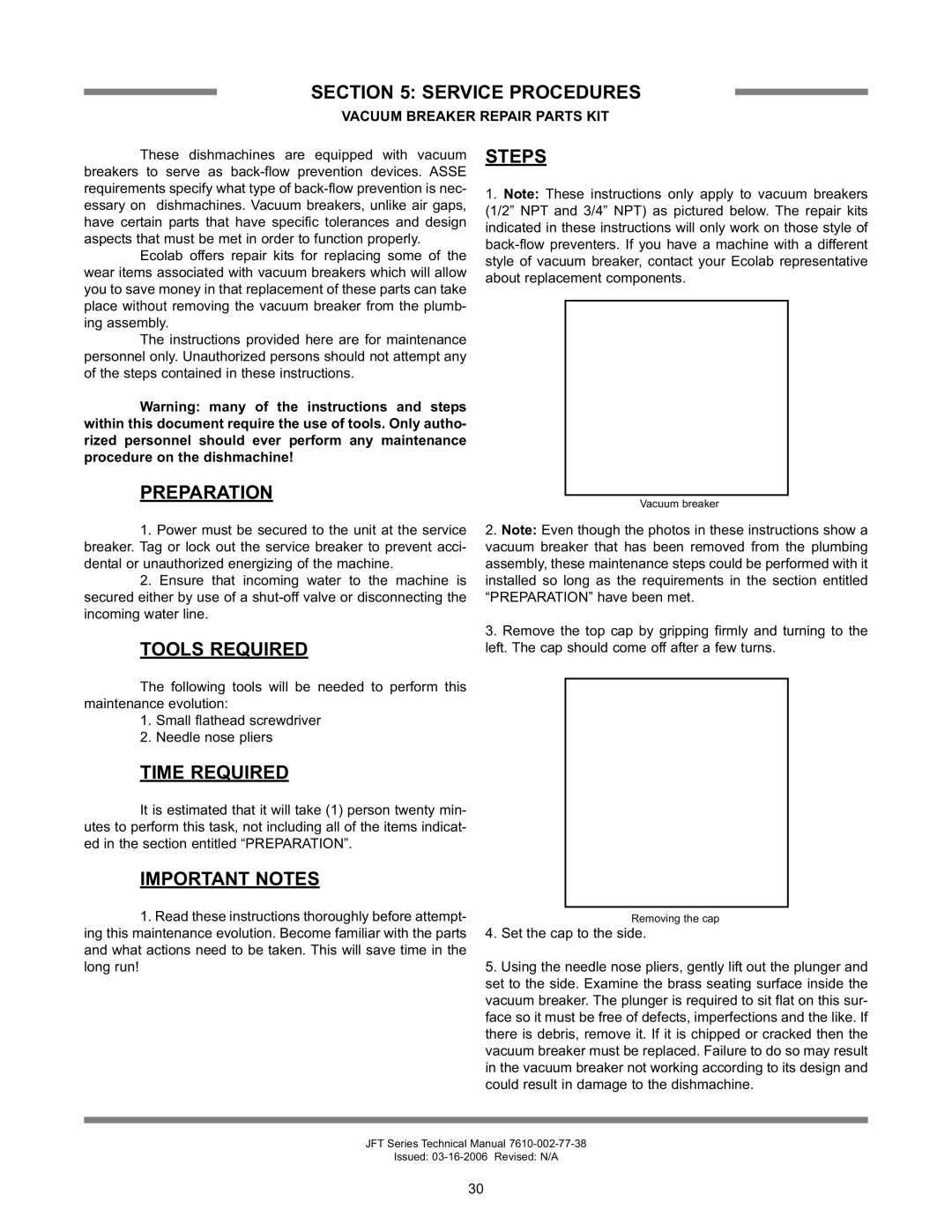 Jackson JFT-S technical manual Service Procedures, Preparation Steps, Tools Required, Time Required, Important Notes 