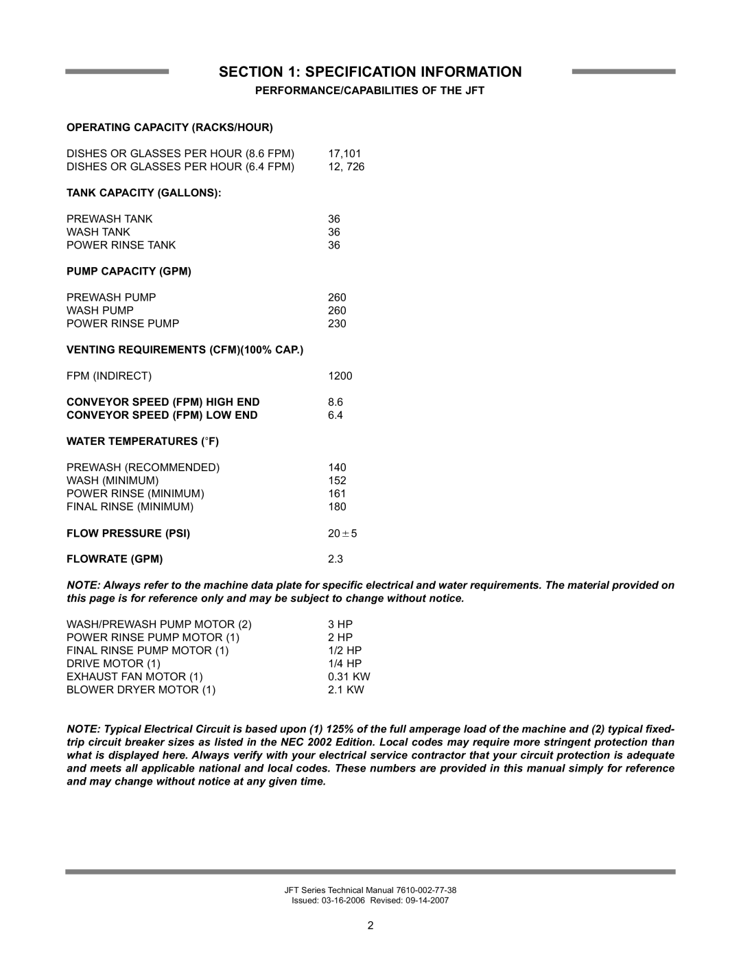 Jackson JFT-S technical manual Specification Information 