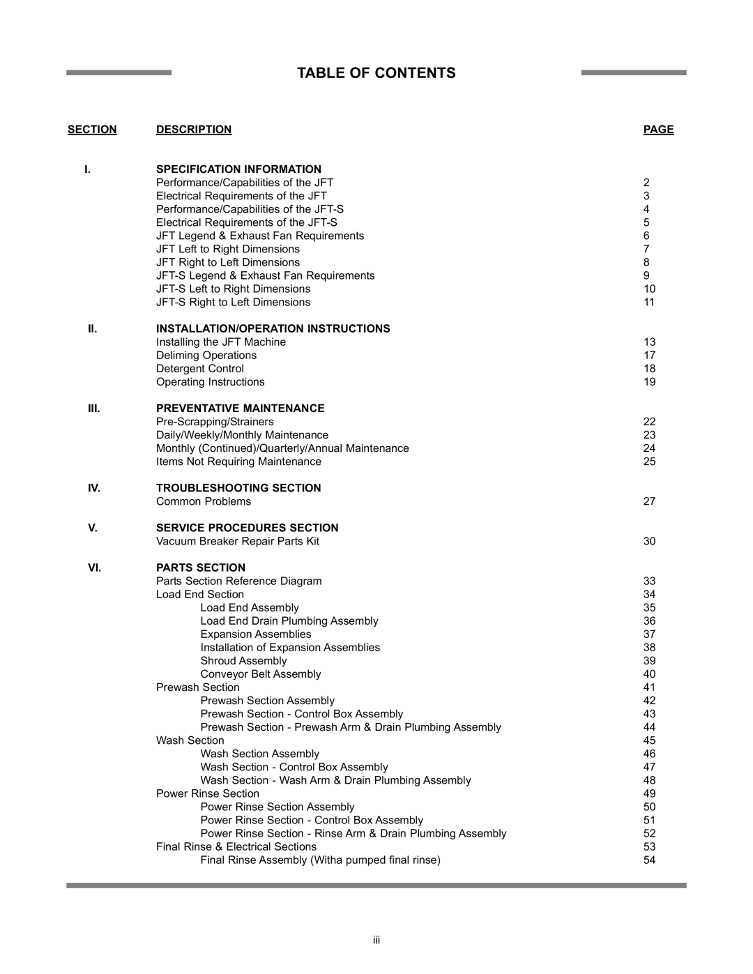 Jackson JFT-S technical manual Table Of Contents 