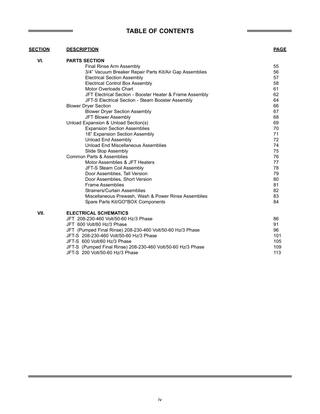 Jackson JFT-S technical manual Table Of Contents, Description, Page, Parts Section, Electrical Schematics 