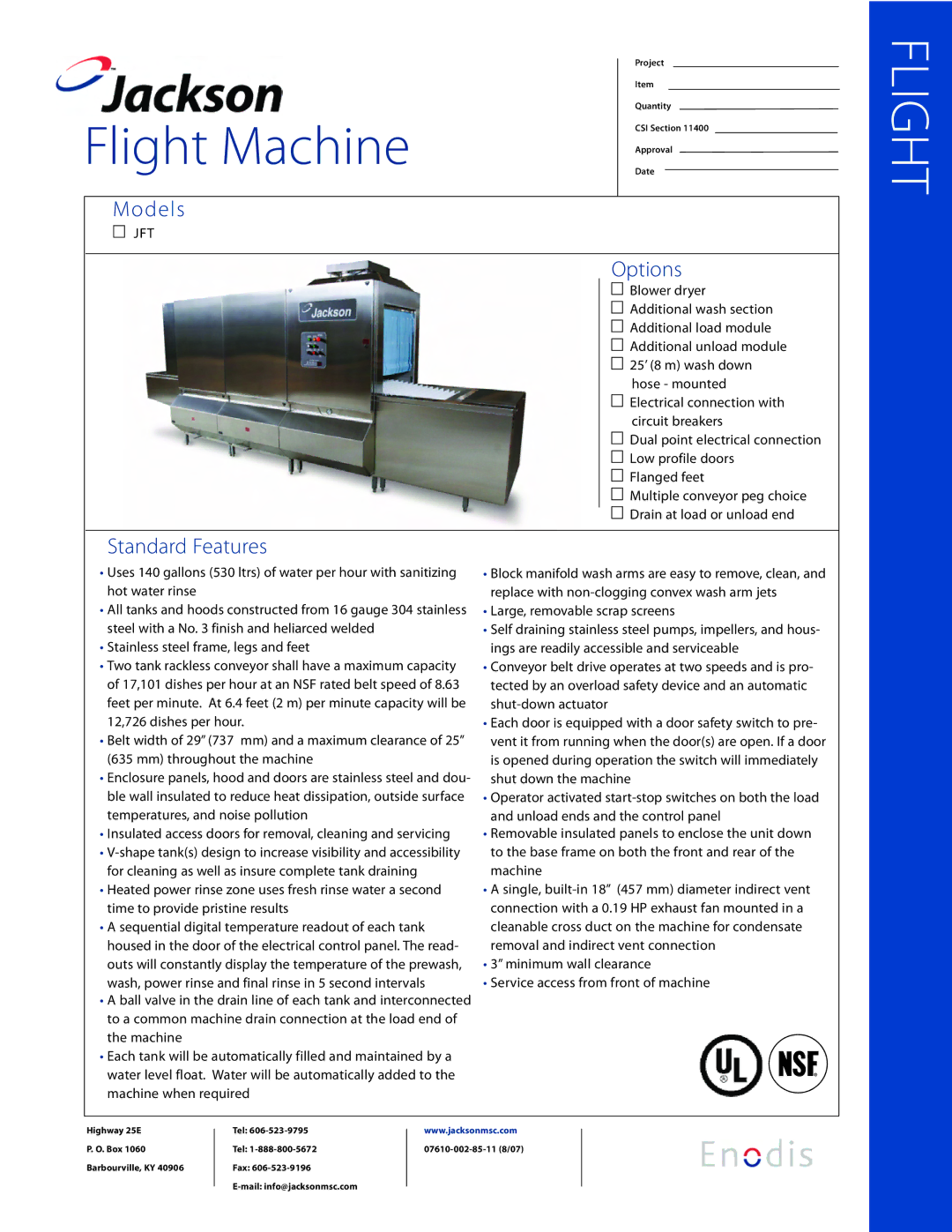 Jackson JFT manual Models, Options, Standard Features 