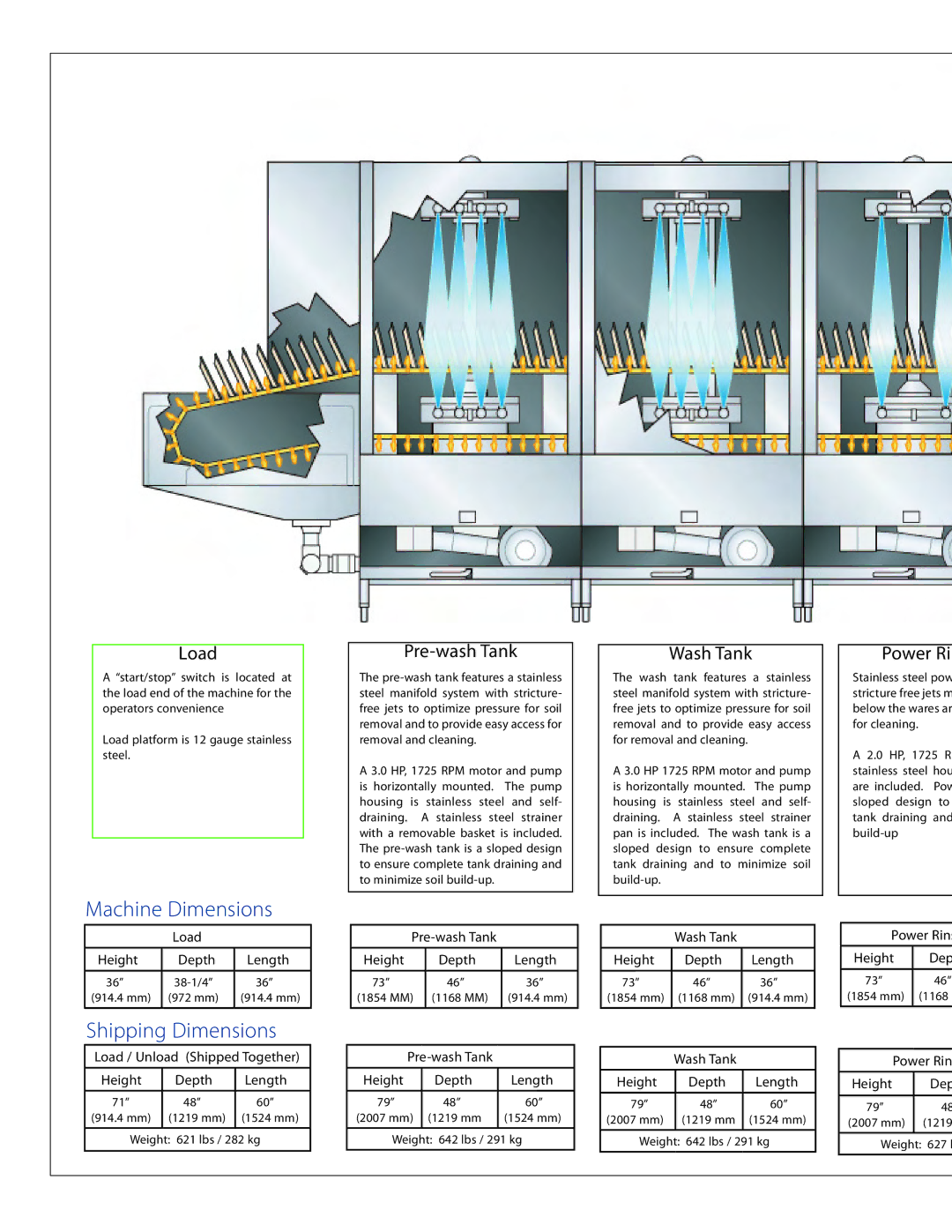 Jackson JFT manual Machine Dimensions, Shipping Dimensions, Load, Pre-wash Tank, Wash Tank 