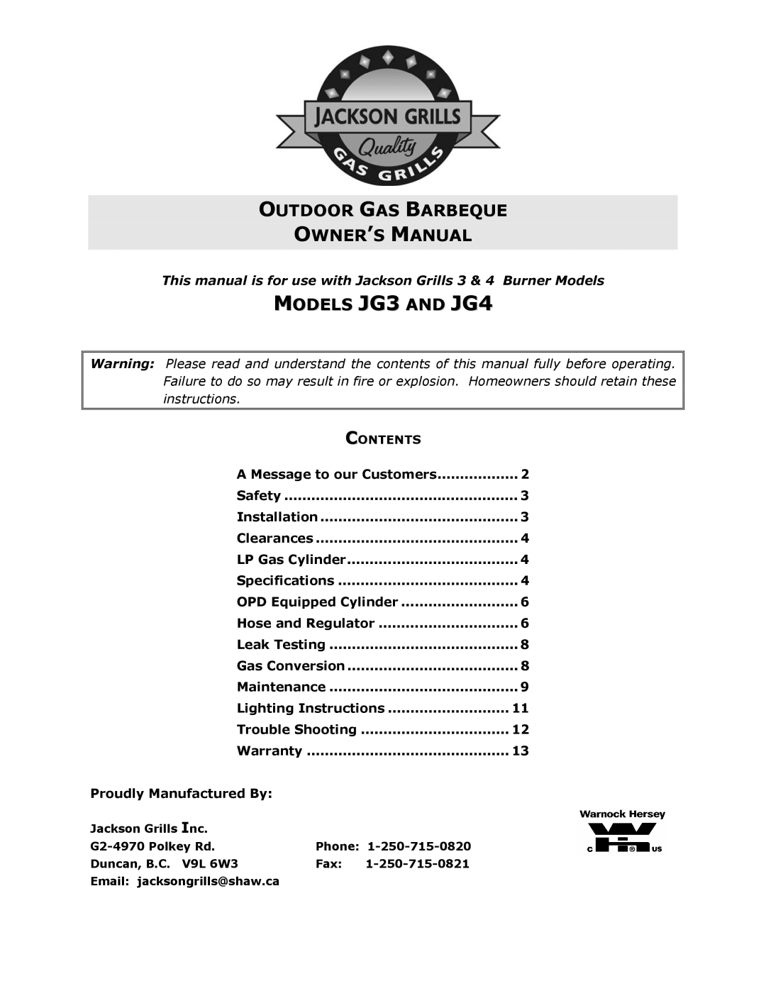 Jackson owner manual Models JG3 and JG4, Contents 