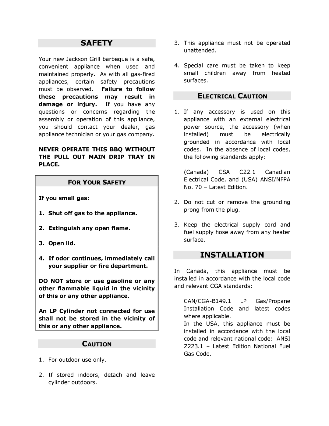 Jackson JG4, JG3 owner manual Safety, Installation, Electrical Caution 