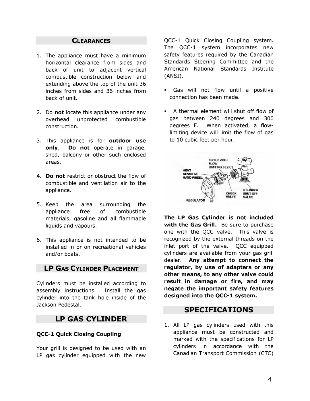 Jackson JG3, JG4 owner manual Specifications, Clearances, LP GAS Cylinder Placement, QCC-1 Quick Closing Coupling 