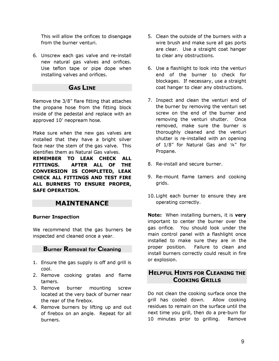 Jackson JG4, JG3 owner manual Maintenance, GAS Line, Burner Inspection, Burner Removal for Cleaning 