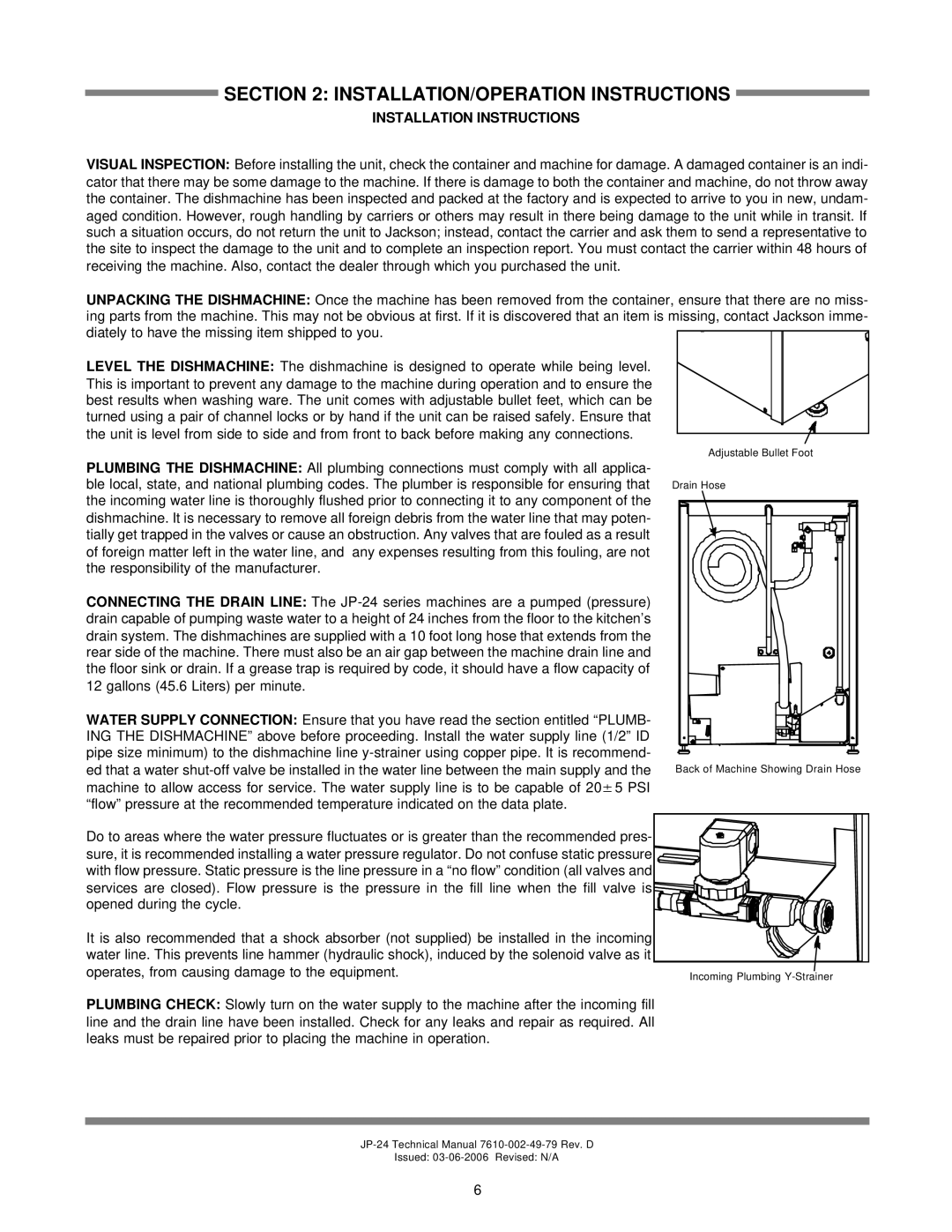 Jackson JP-24F, jp-24b, JP-24BF technical manual Installation/Operation Instructions, Installation Instructions 