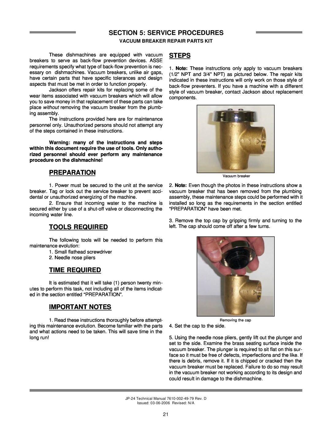 Jackson JP-24BF Vacuum Breaker Repair Parts Kit, Service Procedures, Preparation, Steps, Tools Required, Time Required 