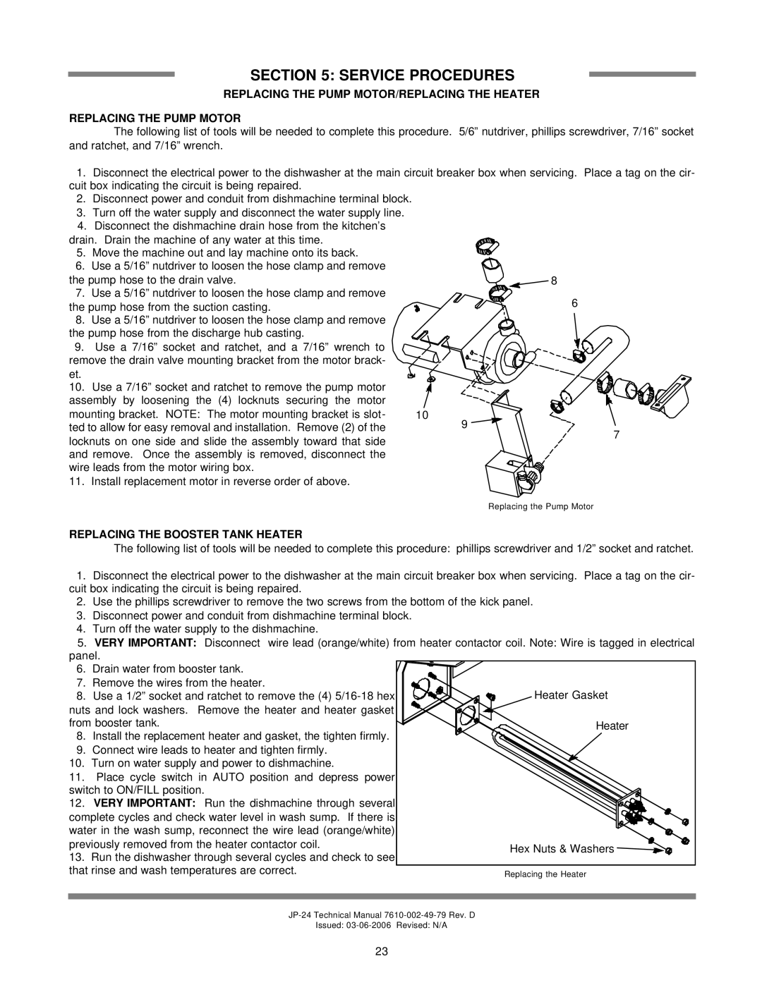 Jackson jp-24b, JP-24 Replacing The Pump Motor/Replacing The Heater, Replacing The Booster Tank Heater, Service Procedures 