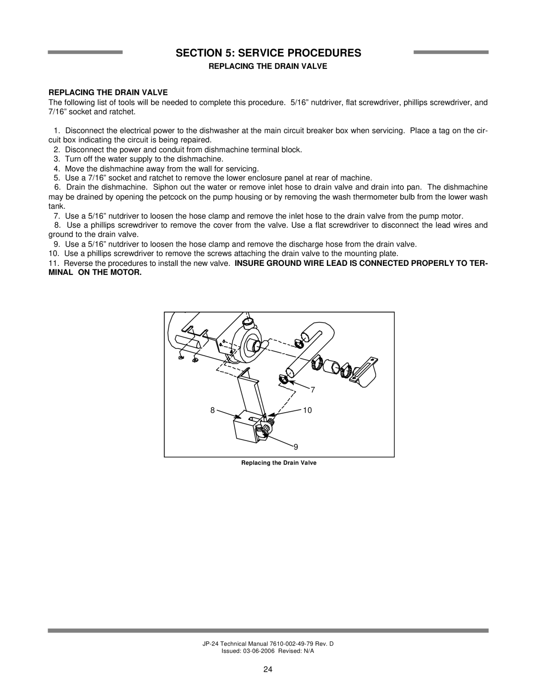 Jackson jp-24b, JP-24BF Replacing The Drain Valve Replacing The Drain Valve, Minal On The Motor, Service Procedures 