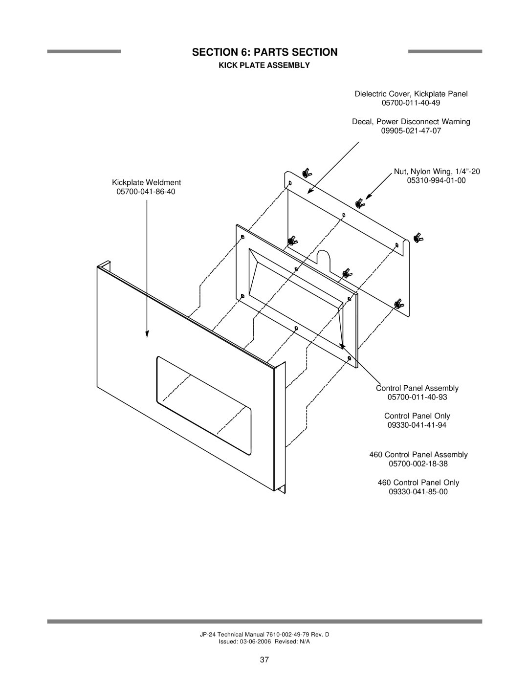 Jackson JP-24BF Kick Plate Assembly, Parts Section, Dielectric Cover, Kickplate Panel 05700-011-40-49, Kickplate Weldment 