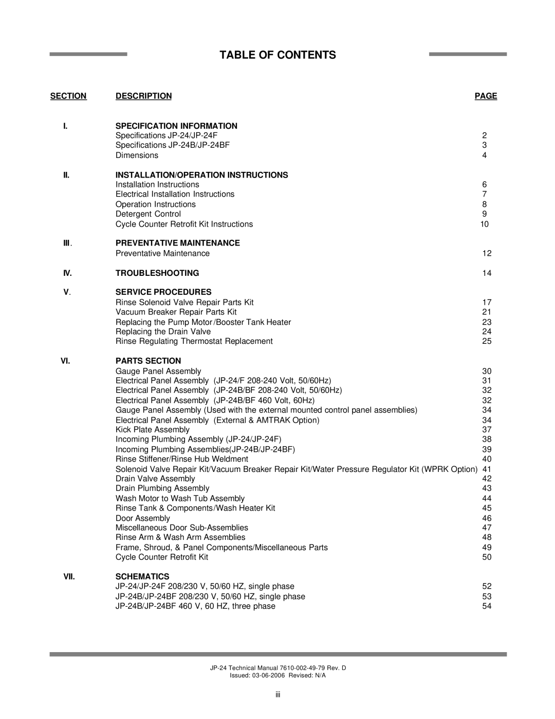Jackson JP-24 Table Of Contents, Section, Description, Page, I. Specification Information, Preventative Maintenance 
