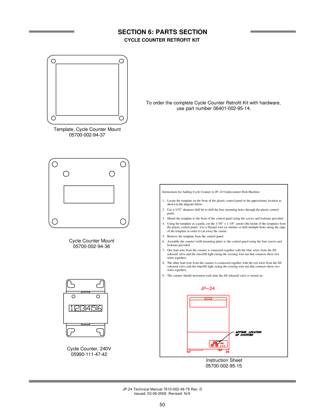 Jackson JP-24F, jp-24b, JP-24BF Cycle Counter Retrofit Kit, Parts Section, JP-24 Technical Manual 7610-002-49-79 Rev. D 