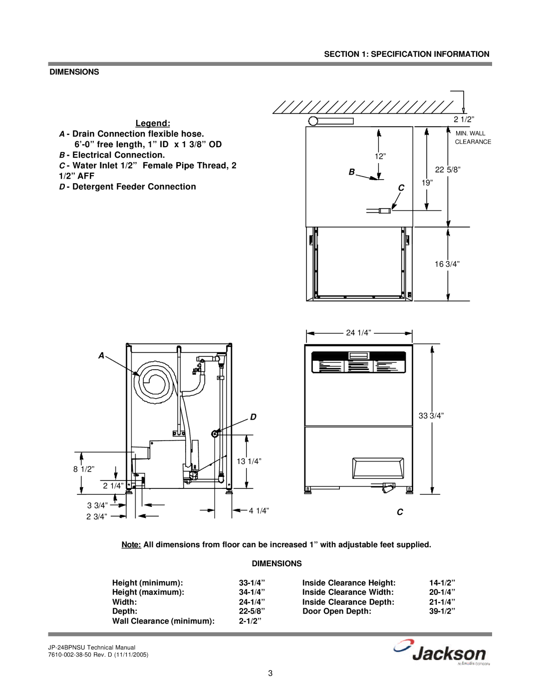 Jackson JP-24BPNSU technical manual Specification Information Dimensions, 22 5/8 