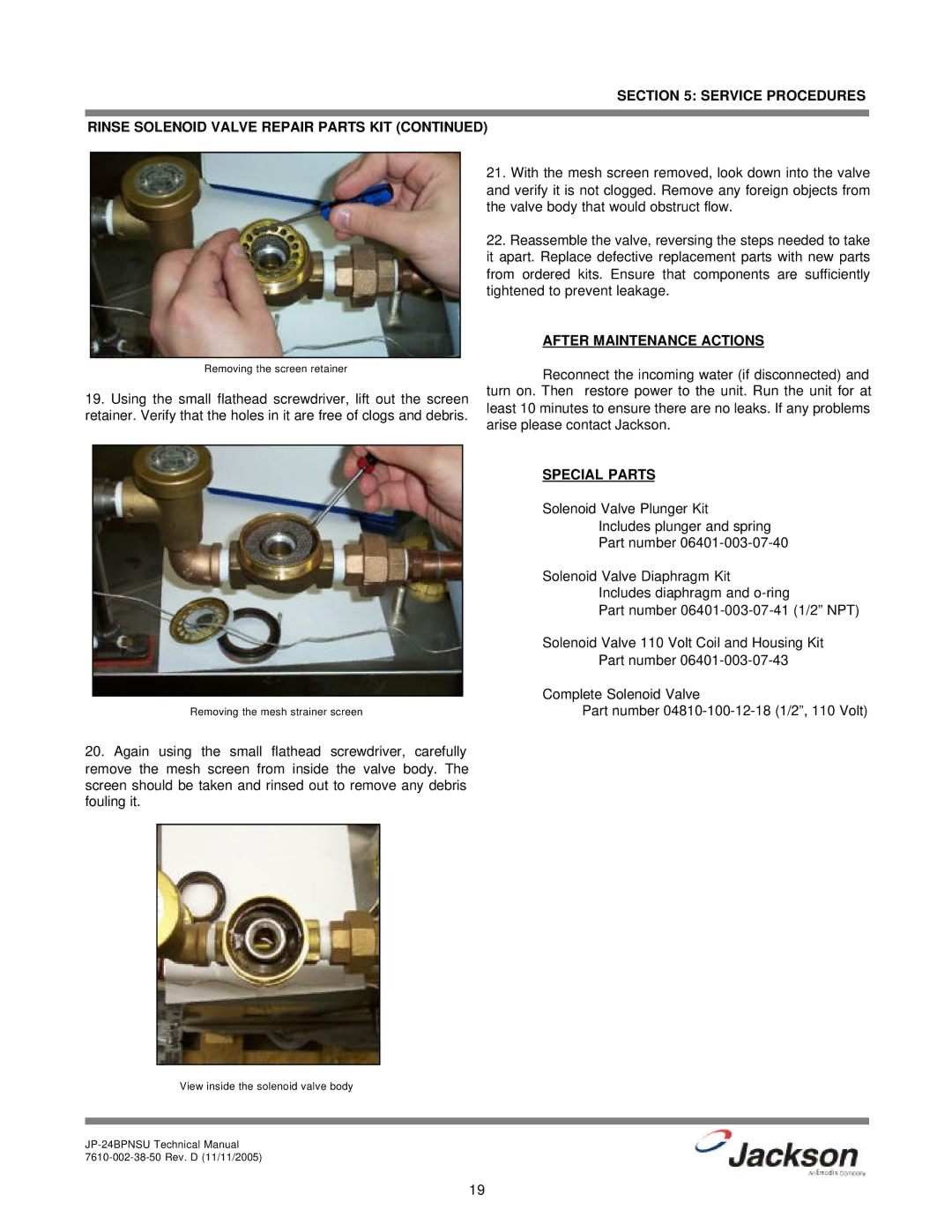 Jackson JP-24BPNSU technical manual After Maintenance Actions, Special Parts 