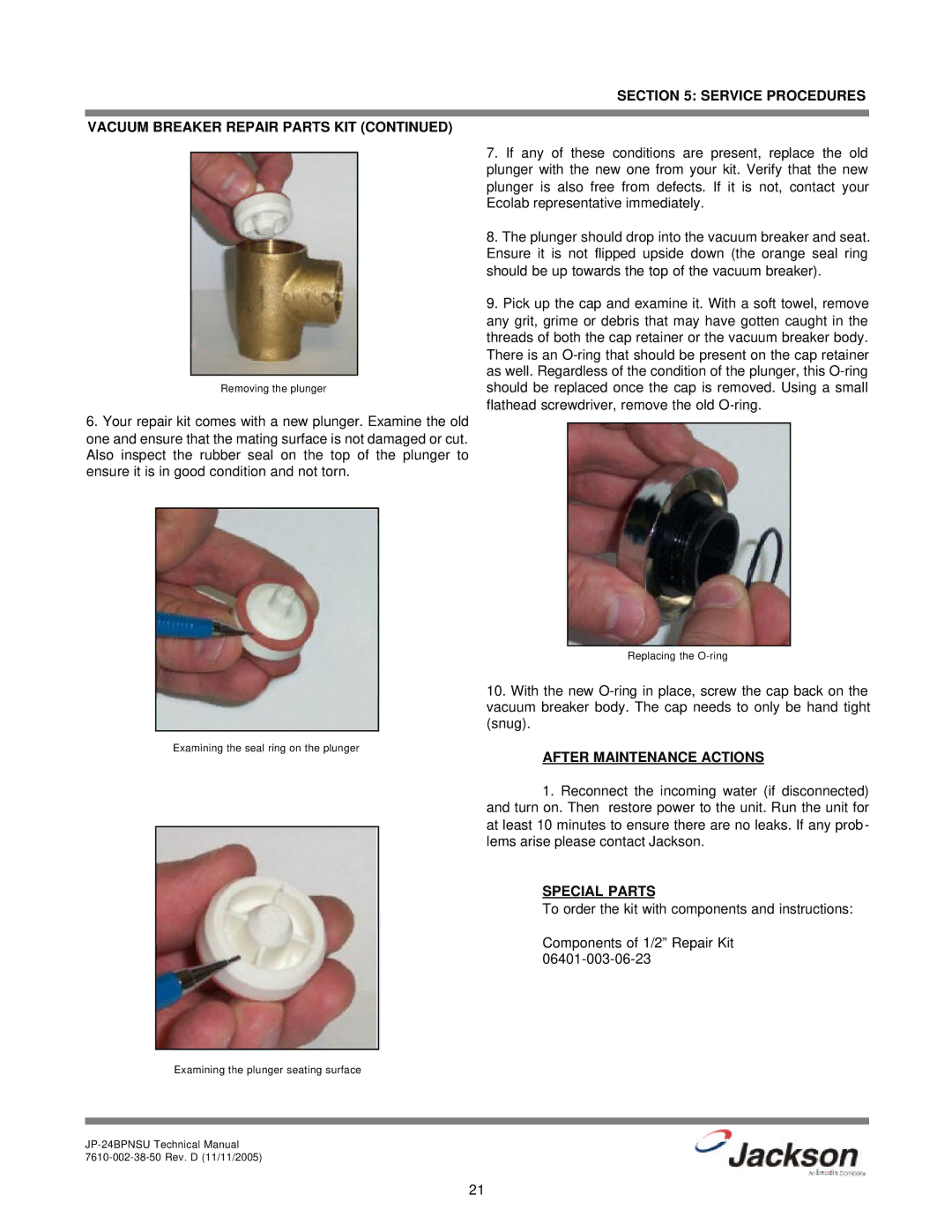 Jackson JP-24BPNSU technical manual Removing the plunger 