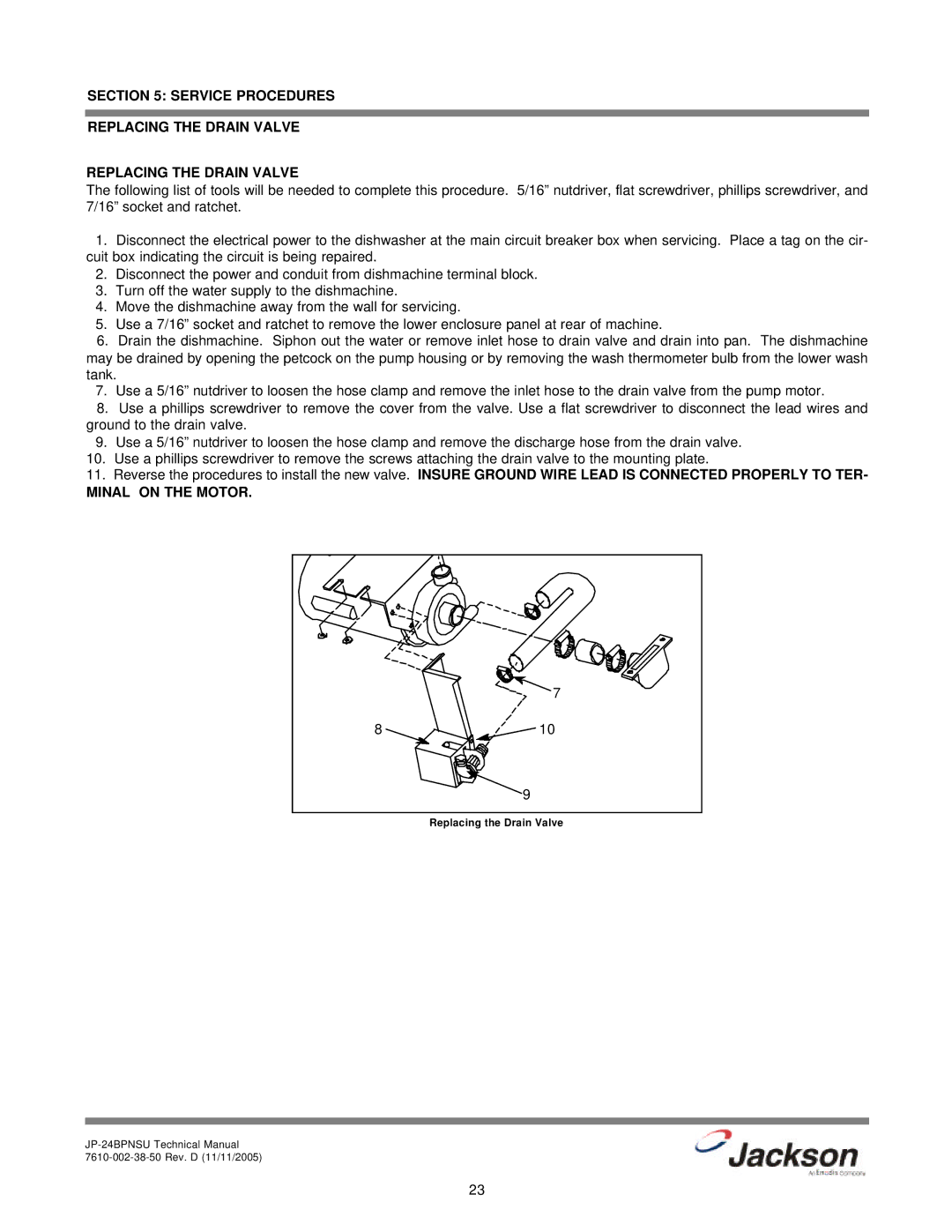 Jackson JP-24BPNSU technical manual Service Procedures Replacing the Drain Valve, Minal on the Motor 