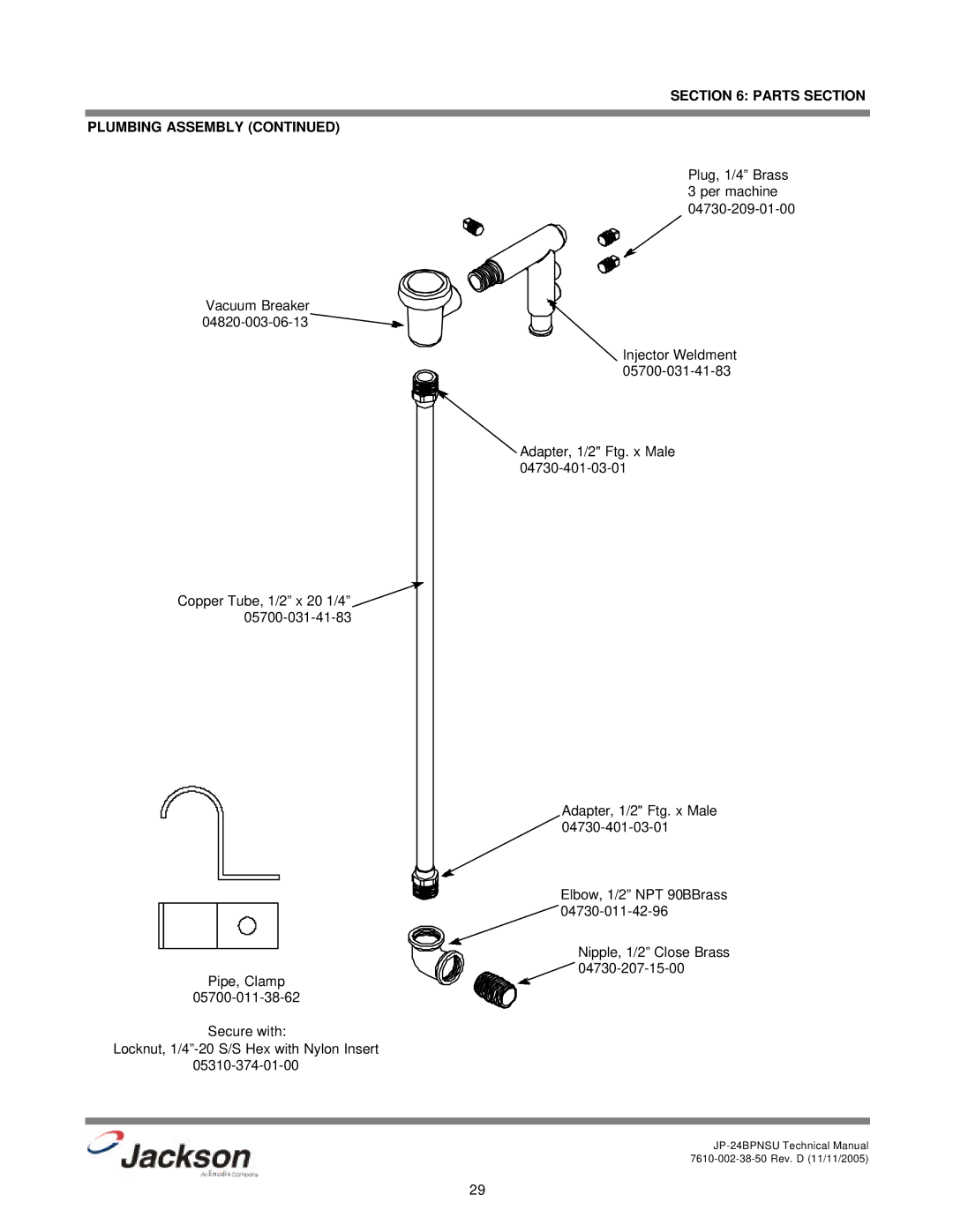 Jackson JP-24BPNSU technical manual Parts Section Plumbing Assembly 