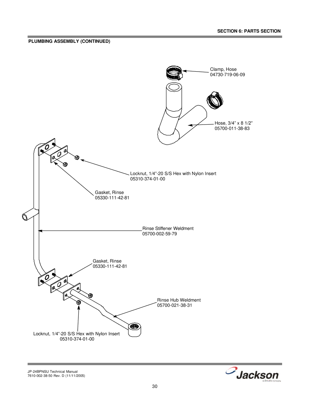 Jackson JP-24BPNSU technical manual Parts Section Plumbing Assembly 