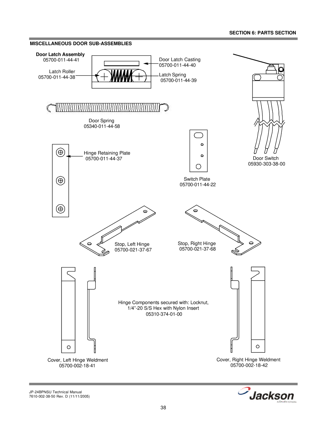 Jackson JP-24BPNSU technical manual Parts Section Miscellaneous Door SUB-ASSEMBLIES, Door Latch Assembly 