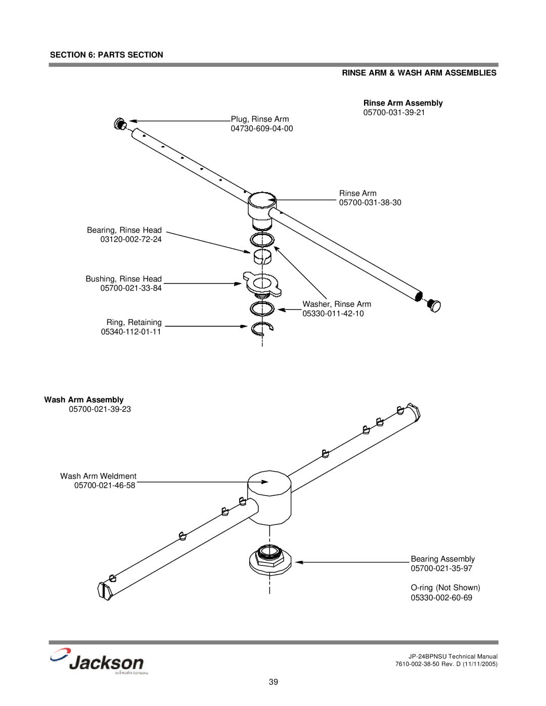 Jackson JP-24BPNSU technical manual Parts Section Rinse ARM & Wash ARM Assemblies, Rinse Arm Assembly, Wash Arm Assembly 