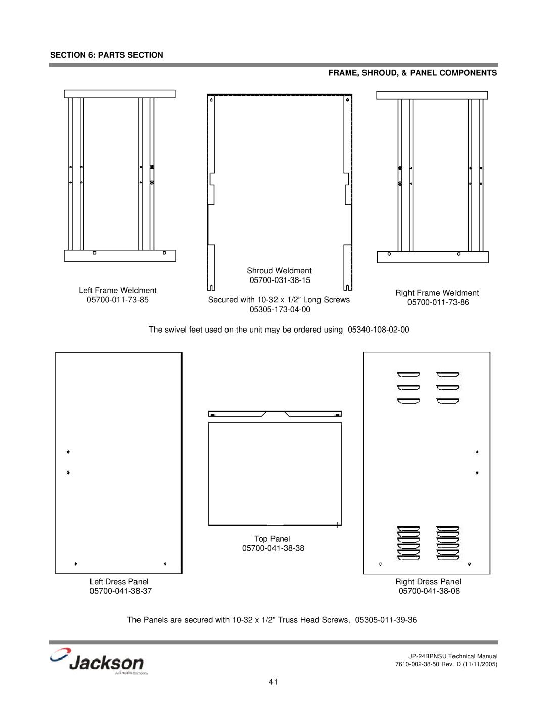 Jackson JP-24BPNSU technical manual Parts Section FRAME, SHROUD, & Panel Components 