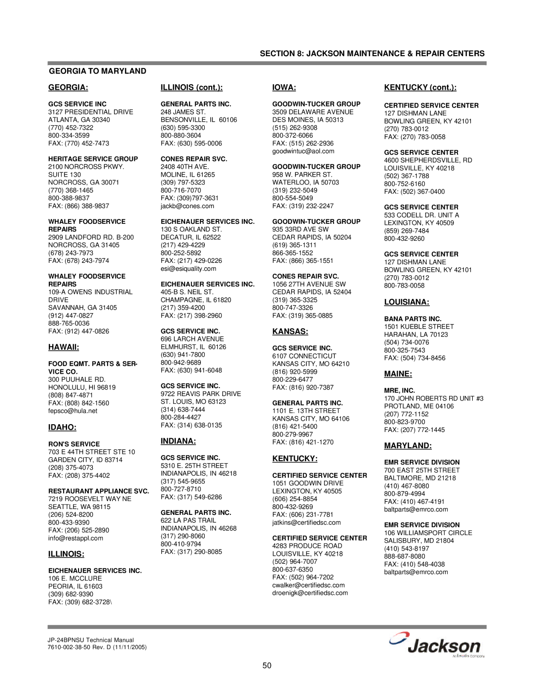 Jackson JP-24BPNSU Jackson Maintenance & Repair Centers Georgia to Maryland, Hawaii, Idaho, Illinois, Indiana, Iowa, Maine 