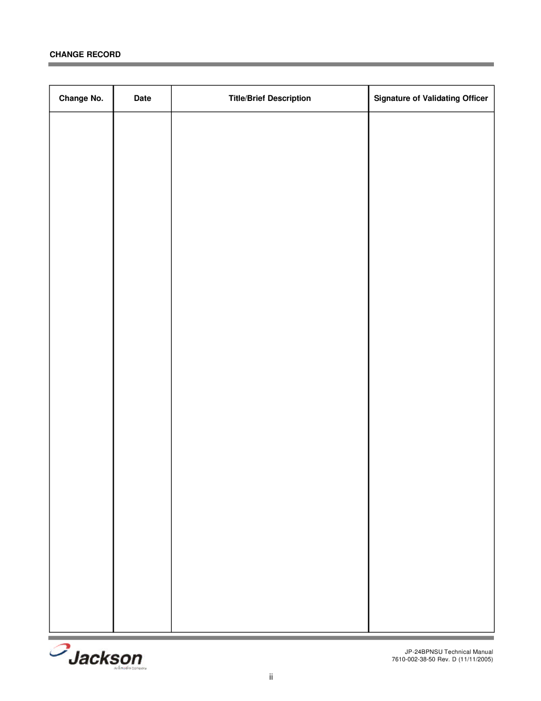 Jackson JP-24BPNSU technical manual Change Record 