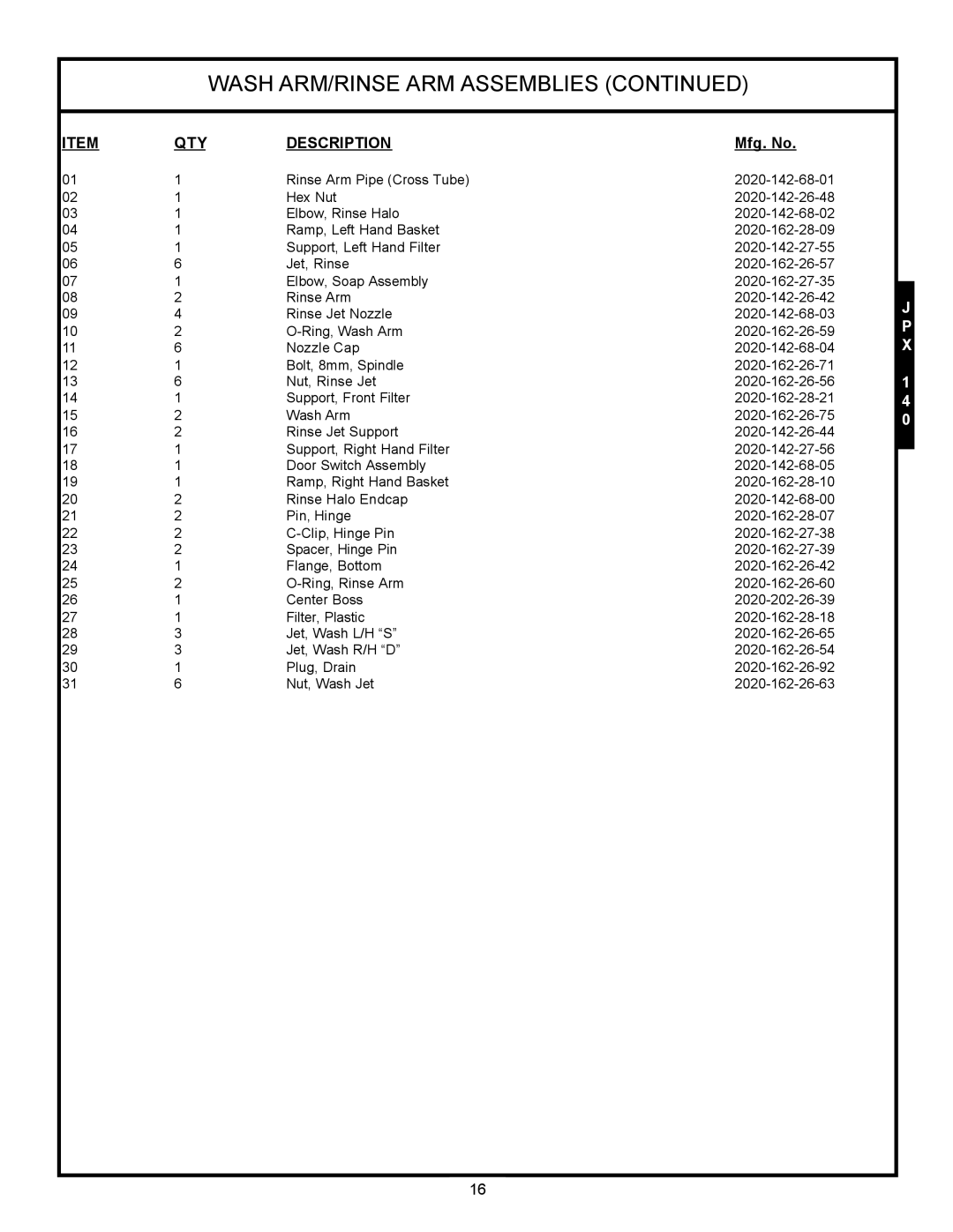 Jackson JPX-160, JPX-200, jpx-140 service manual Rinse Arm Pipe Cross Tube 