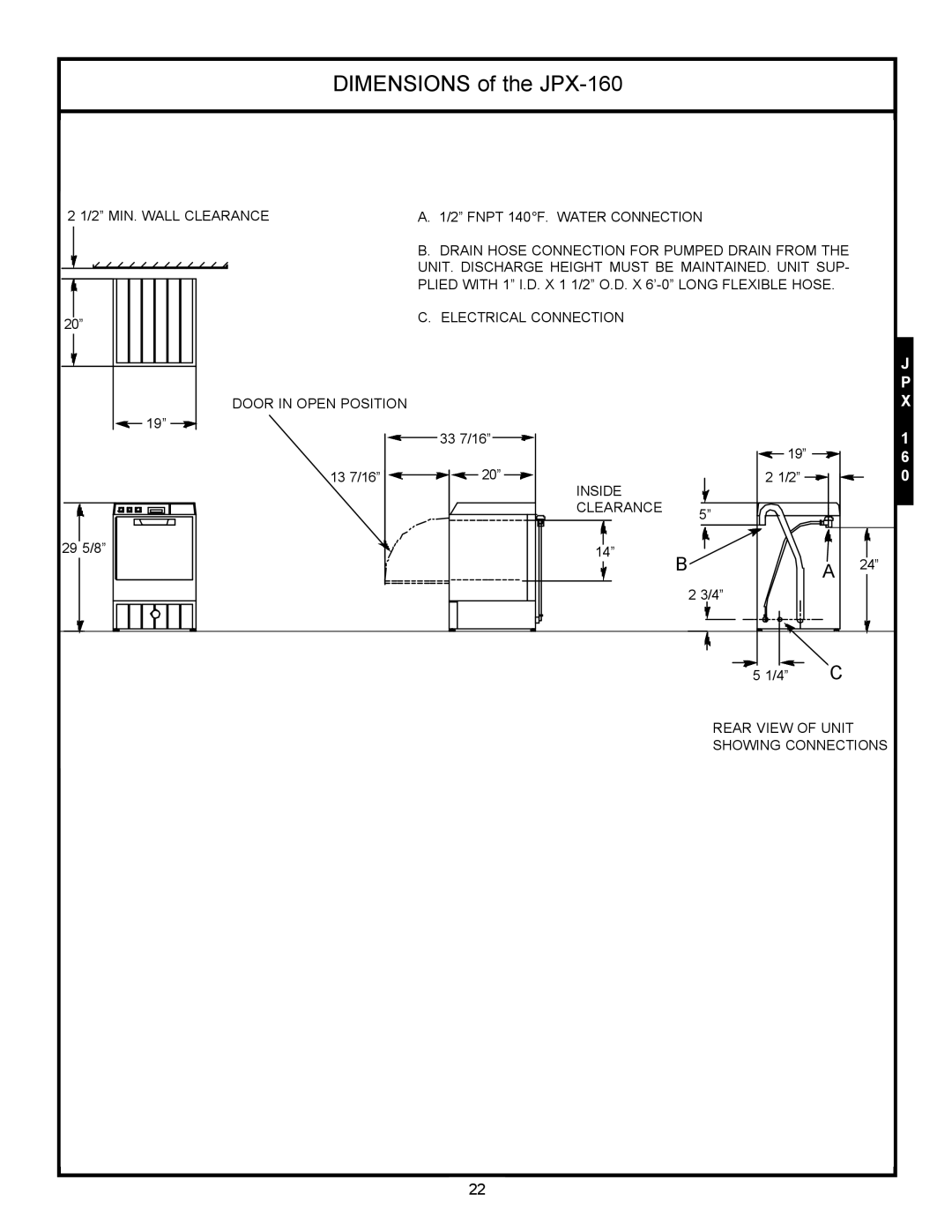 Jackson JPX-200, jpx-140 service manual Dimensions of the JPX-160 