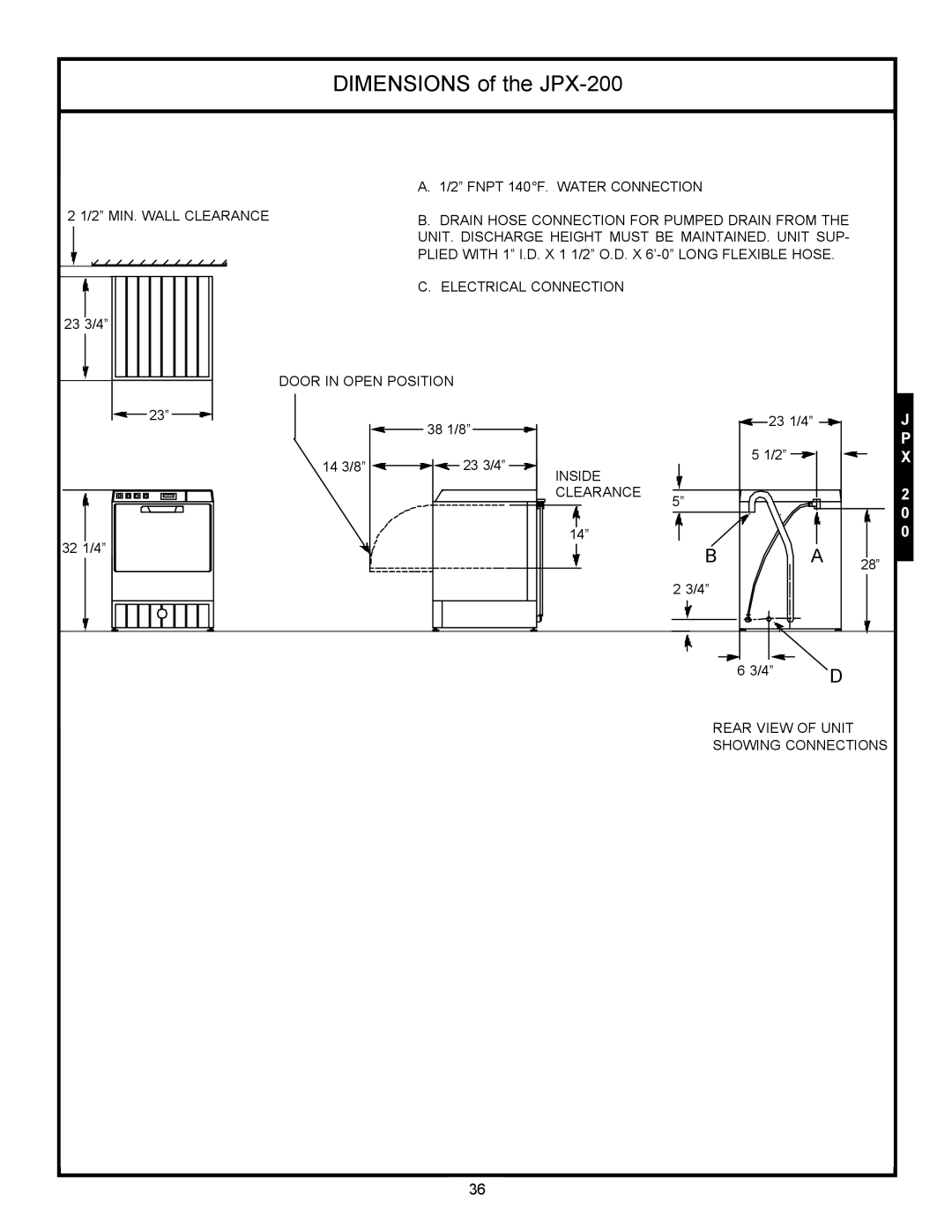 Jackson JPX-160, jpx-140 service manual Dimensions of the JPX-200 