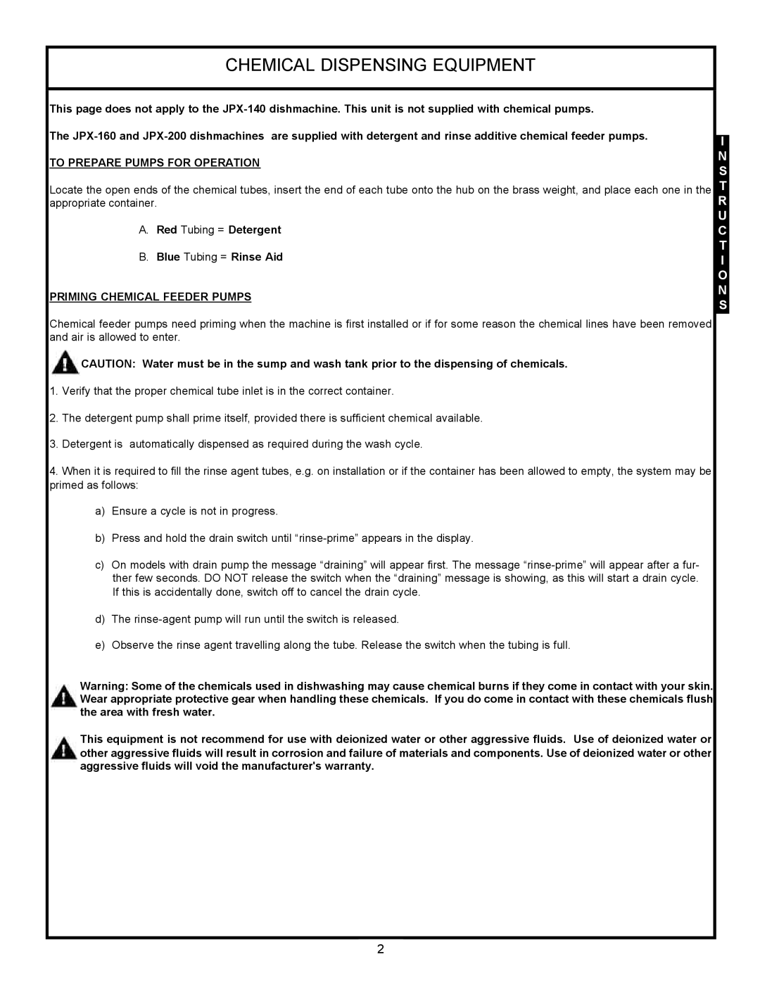 Jackson jpx-140, JPX-200, JPX-160 service manual Chemical Dispensing Equipment, To Prepare Pumps for Operation 