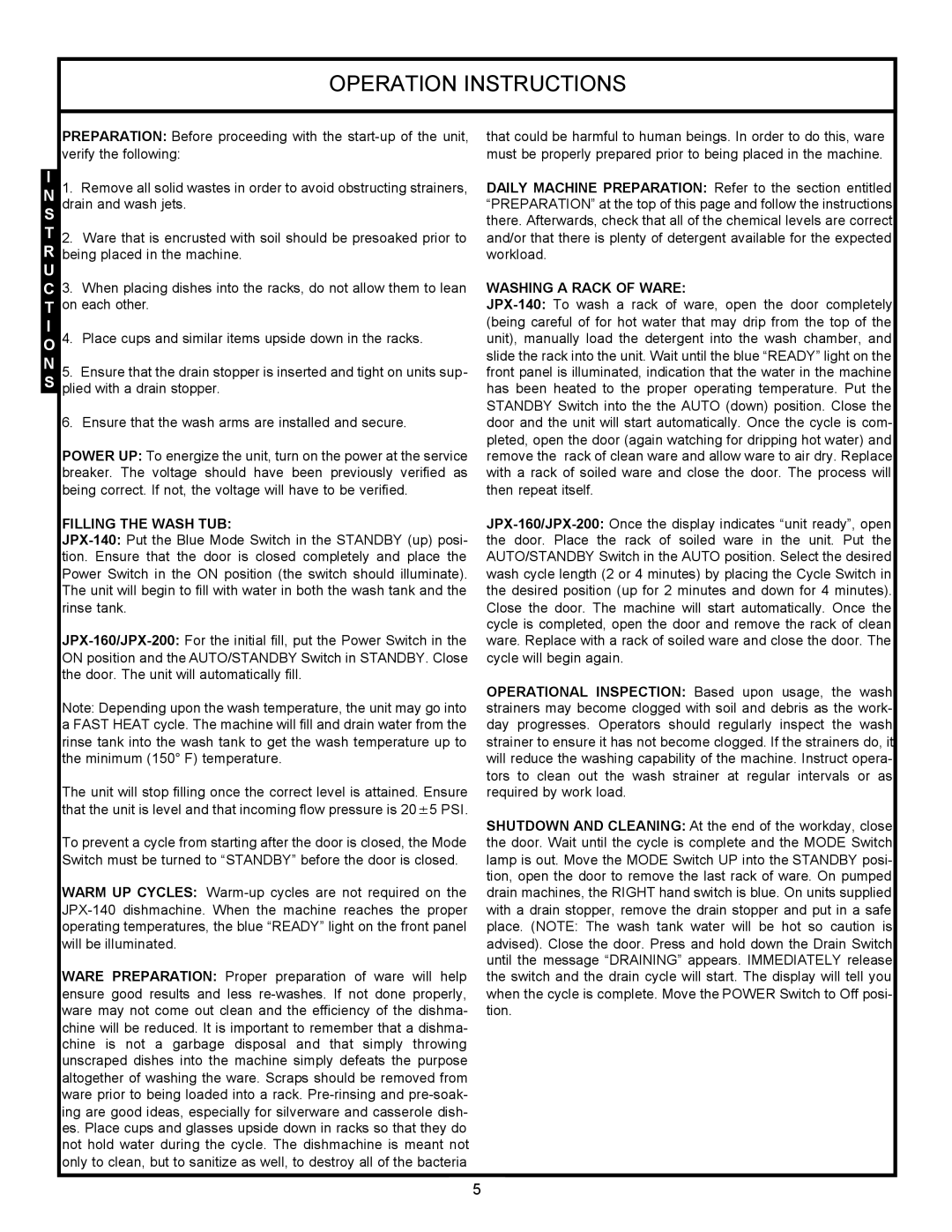 Jackson jpx-140, JPX-200, JPX-160 service manual Operation Instructions, Filling the Wash TUB 