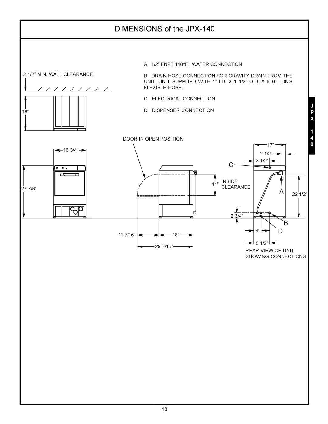Jackson JPX-160, JPX-200, jpx-140 service manual DIMENSIONS of the JPX-140 