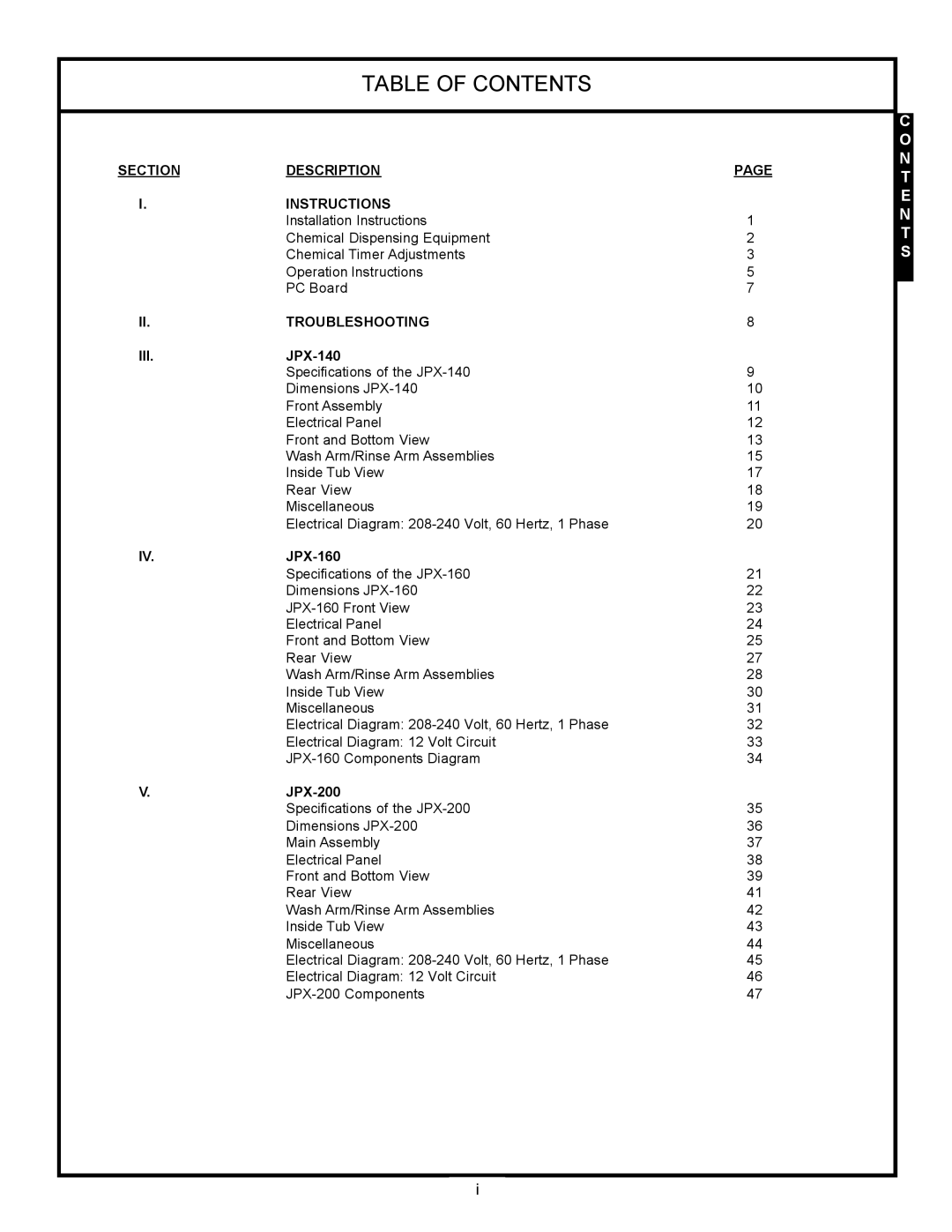 Jackson JPX-200 Table Of Contents, C O N T E N T S, Section, Description, Page, Instructions, Troubleshooting, JPX-140 