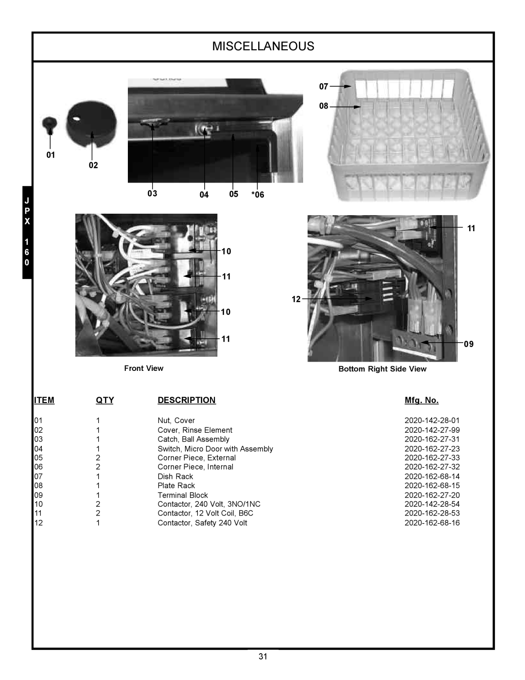 Jackson JPX-160, JPX-200, jpx-140 service manual Miscellaneous, Description, Mfg. No, Front View, Bottom Right Side View 