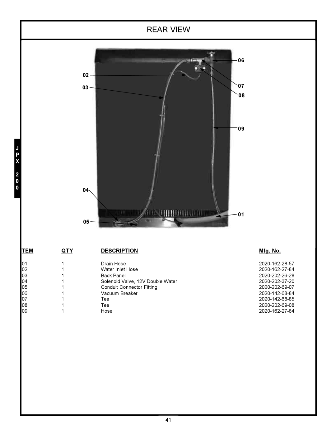 Jackson jpx-140, JPX-200, JPX-160 service manual Rear View, Description, Mfg. No, Solenoid Valve, 12V Double Water 
