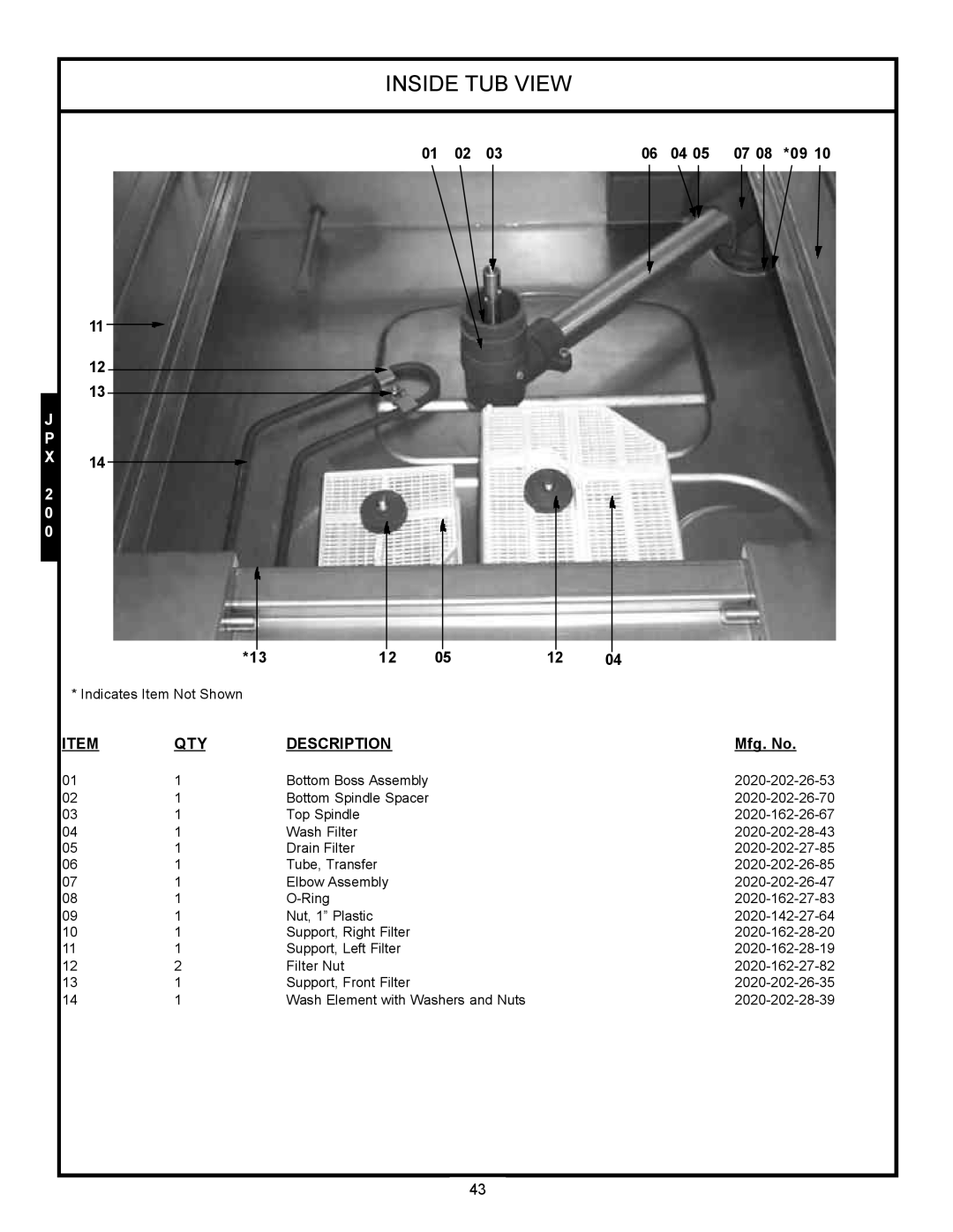 Jackson JPX-160, JPX-200, jpx-140 service manual Inside Tub View, Description, Mfg. No 