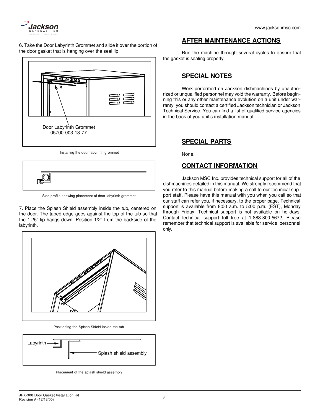 Jackson JPX-300 manual After Maintenance Actions, Special Notes, Special Parts, Contact Information 