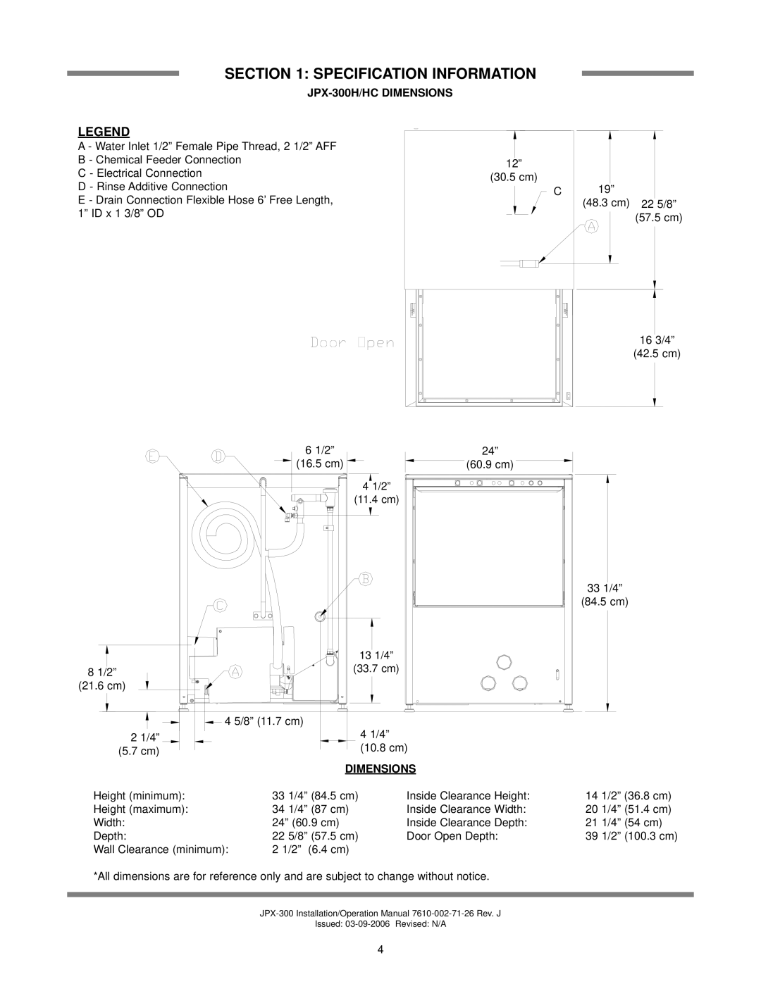 Jackson JPX-300HN, JPX-300HC, JPX-300L operation manual JPX-300H/HC Dimensions 