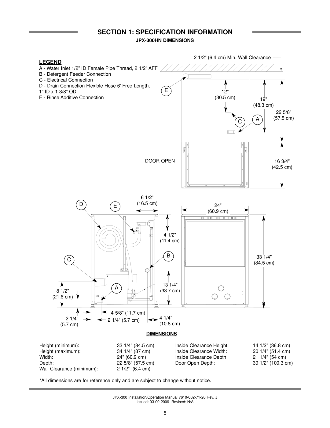 Jackson JPX-300L, JPX-300HC operation manual JPX-300HN Dimensions, Door Open 