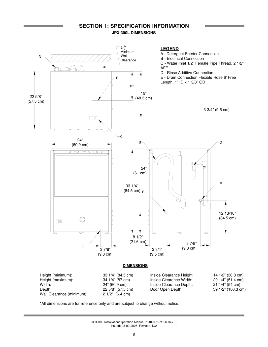 Jackson JPX-300HC, JPX-300HN operation manual JPX-300L Dimensions, Aff 