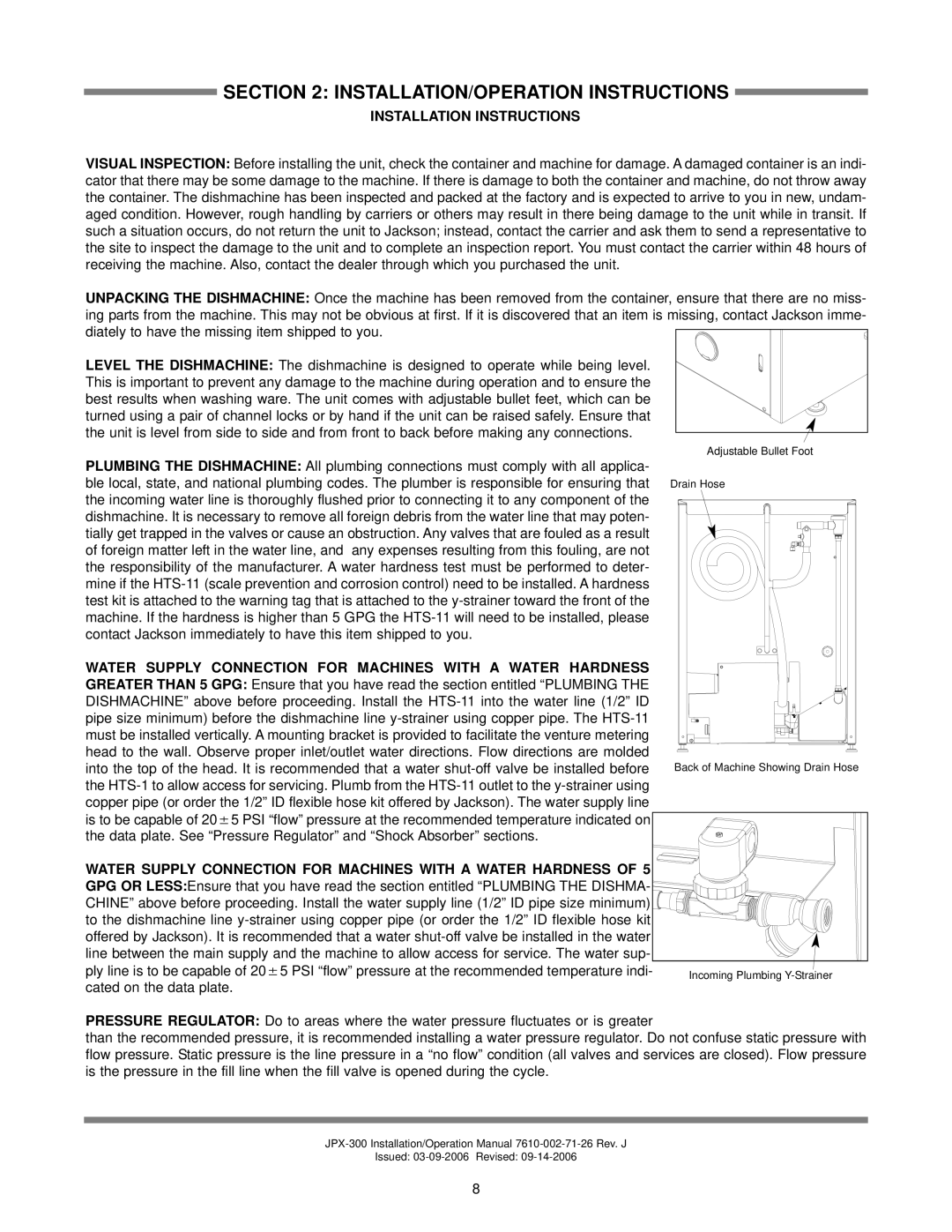 Jackson JPX-300HN, JPX-300HC, JPX-300L operation manual INSTALLATION/OPERATION Instructions, Installation Instructions 