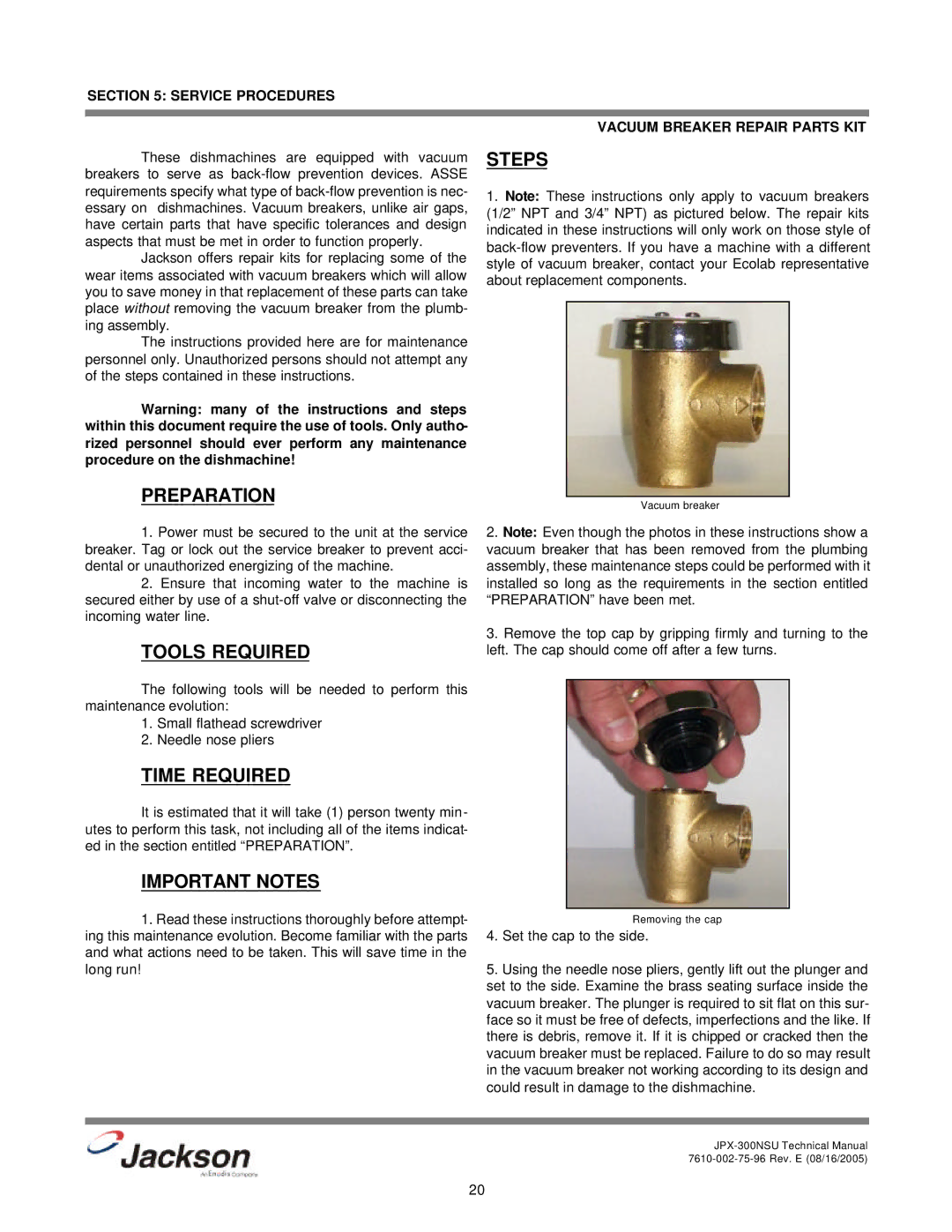 Jackson JPX-300NSU technical manual Service Procedures Vacuum Breaker Repair Parts KIT, Set the cap to the side 