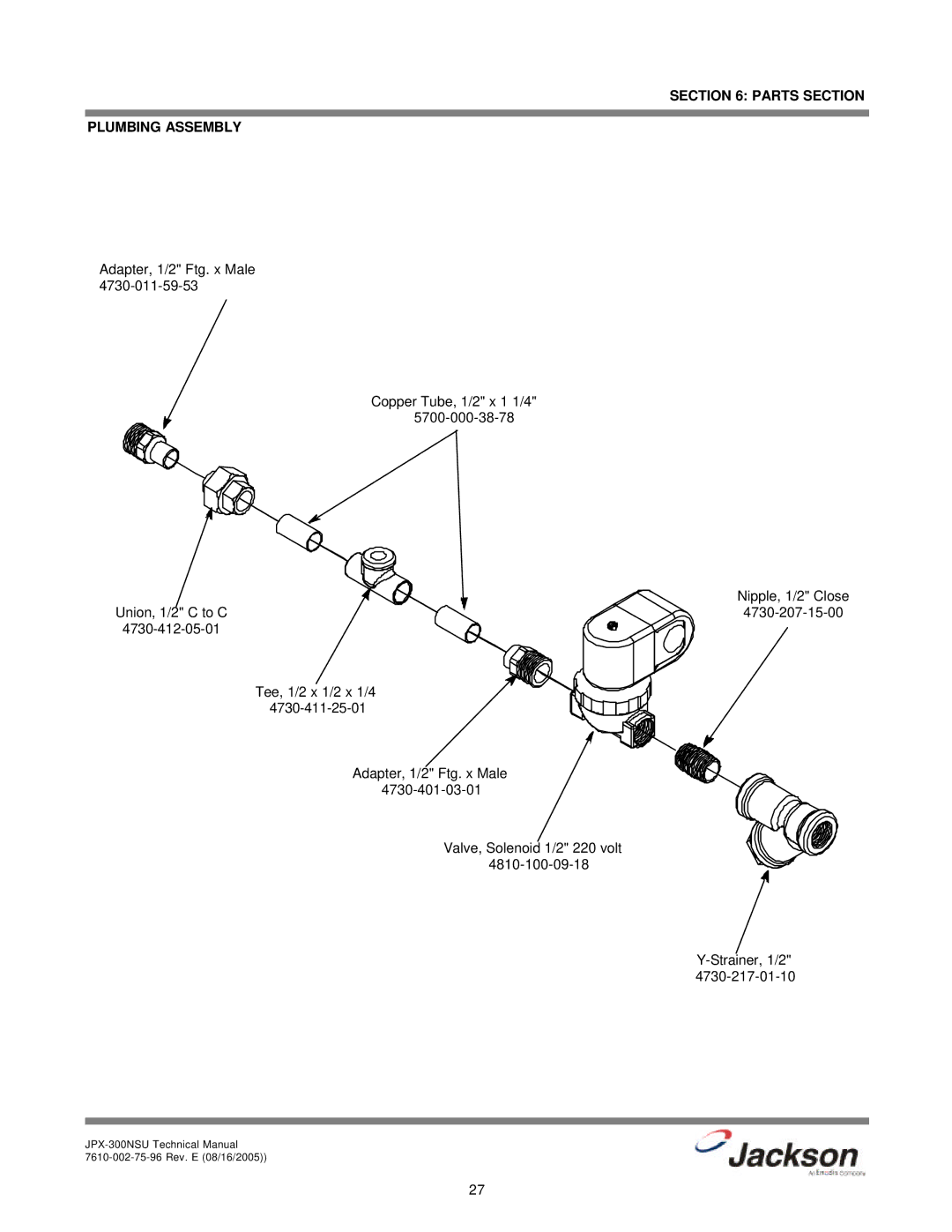 Jackson JPX-300NSU technical manual Parts Section Plumbing Assembly 