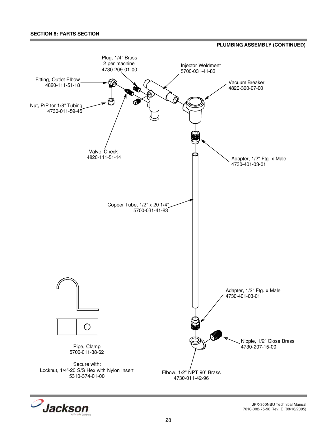 Jackson JPX-300NSU technical manual Adapter, 1/2 Ftg. x Male Copper Tube, 1/2 x 20 1/4 