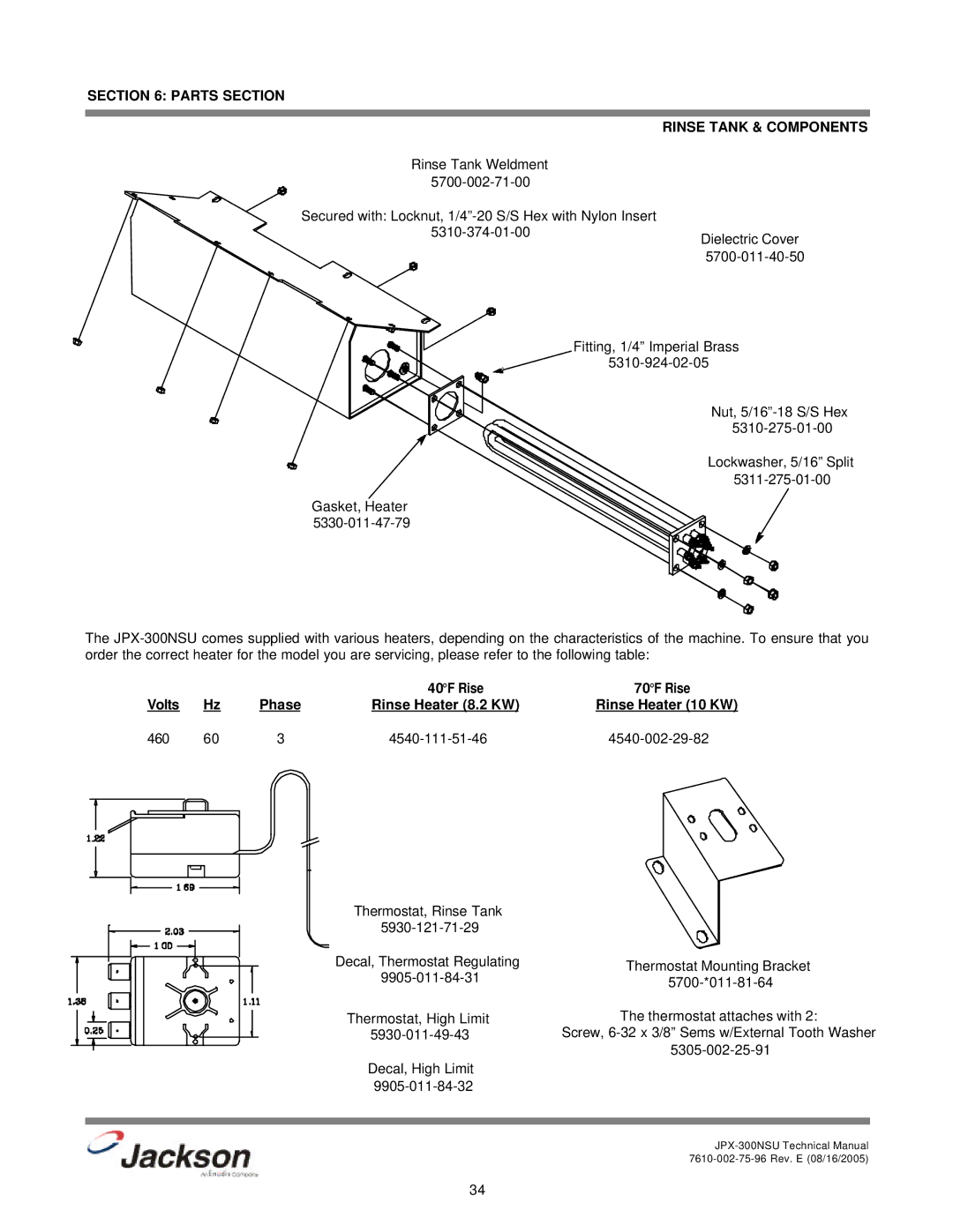 Jackson JPX-300NSU technical manual Parts Section Rinse Tank & Components 