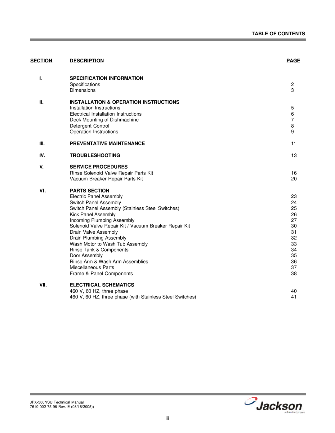 Jackson JPX-300NSU technical manual II. Installation & Operation Instructions, Parts Section, VII Electrical Schematics 