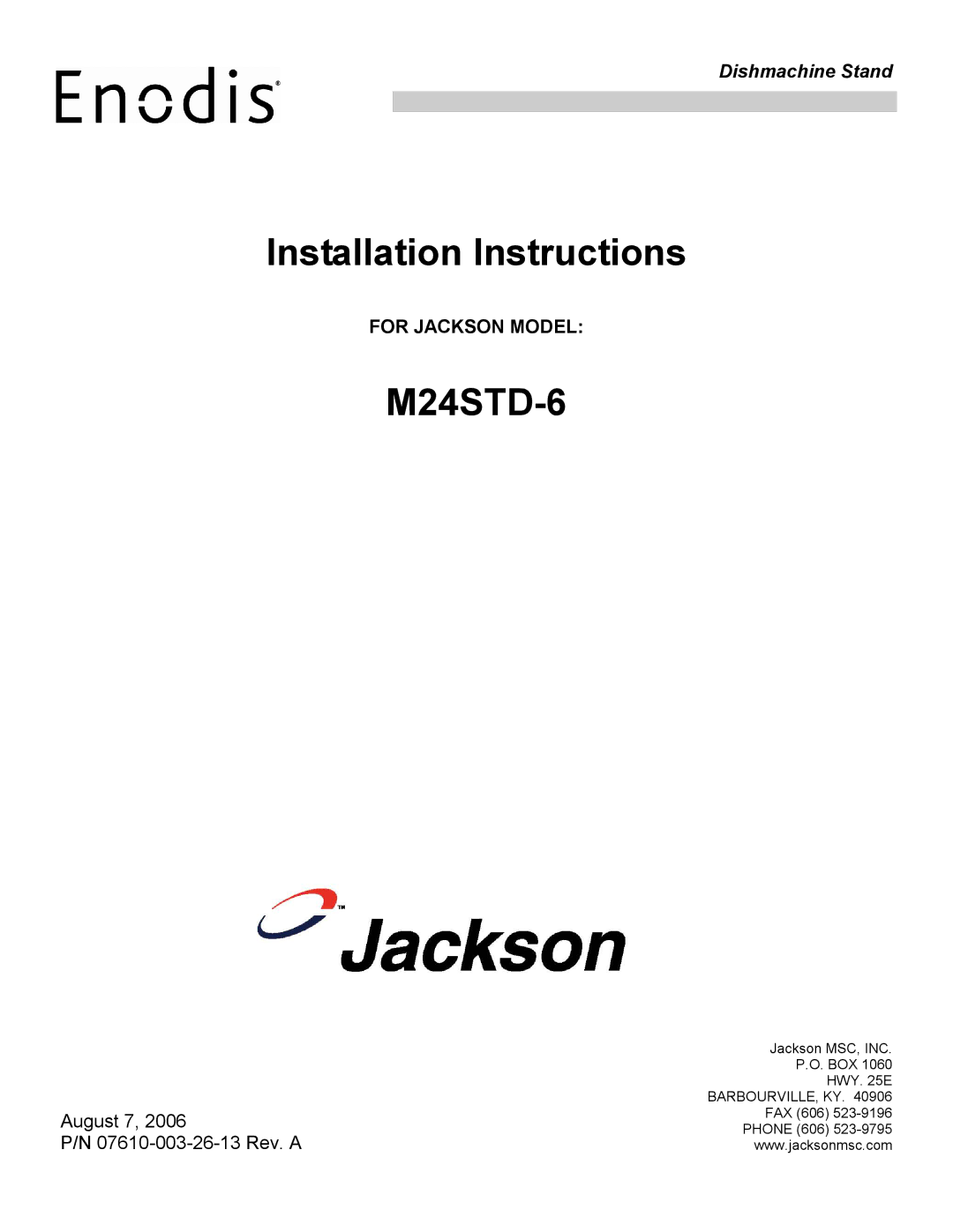 Jackson M24STD-6 installation instructions Installation Instructions, For Jackson Model 